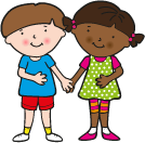 two cartoon children, boy and girl, holding hands